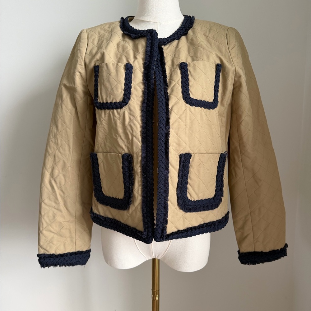 J.Crew Quilted Lady Jacket — Tan with Navy Braided Trim, Size 6